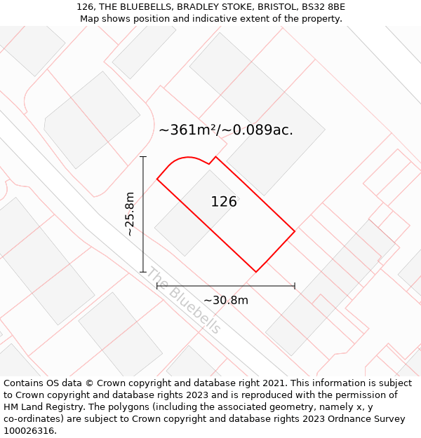 126, THE BLUEBELLS, BRADLEY STOKE, BRISTOL, BS32 8BE: Plot and title map