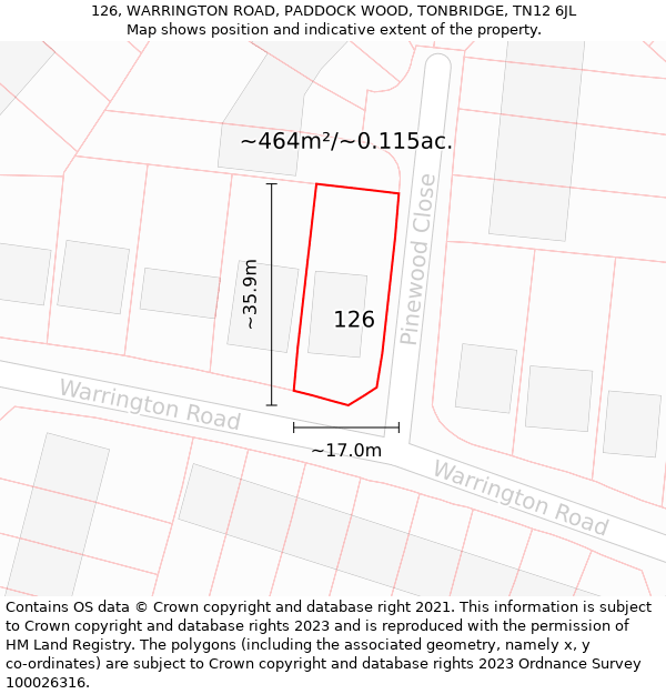 126, WARRINGTON ROAD, PADDOCK WOOD, TONBRIDGE, TN12 6JL: Plot and title map