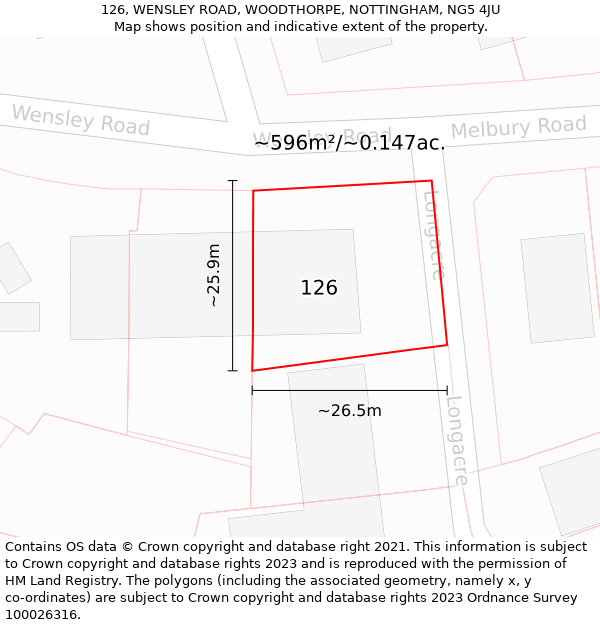 126, WENSLEY ROAD, WOODTHORPE, NOTTINGHAM, NG5 4JU: Plot and title map