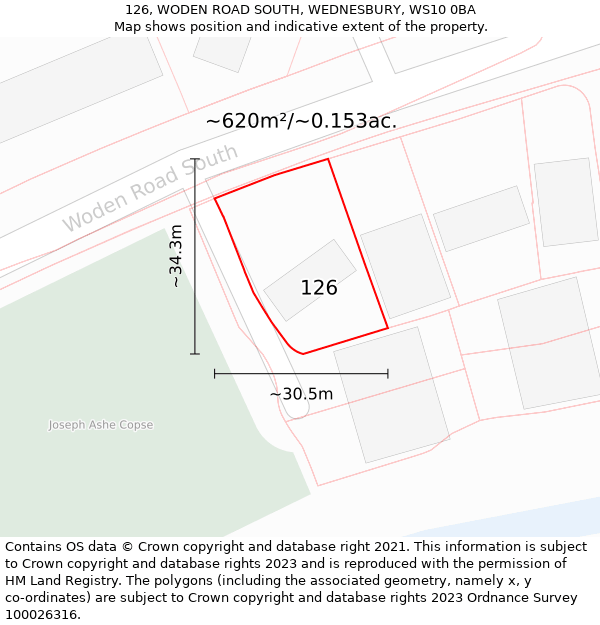 126, WODEN ROAD SOUTH, WEDNESBURY, WS10 0BA: Plot and title map