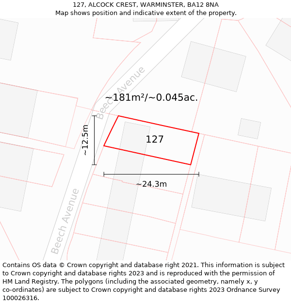 127, ALCOCK CREST, WARMINSTER, BA12 8NA: Plot and title map