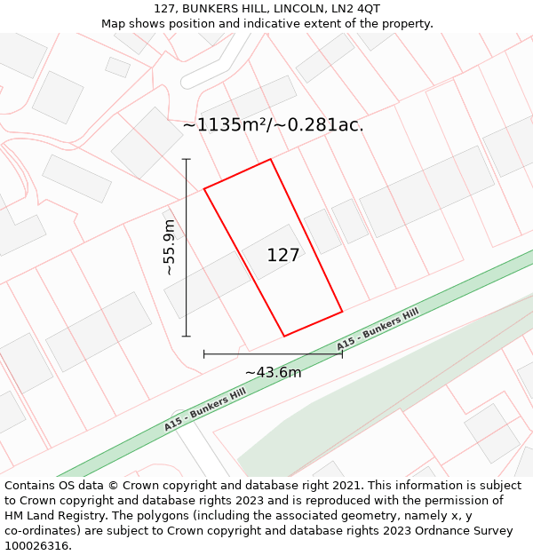 127, BUNKERS HILL, LINCOLN, LN2 4QT: Plot and title map