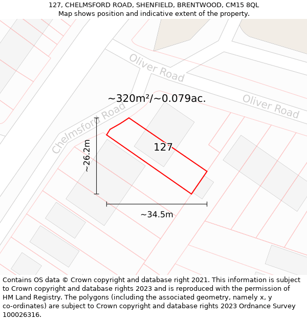 127, CHELMSFORD ROAD, SHENFIELD, BRENTWOOD, CM15 8QL: Plot and title map