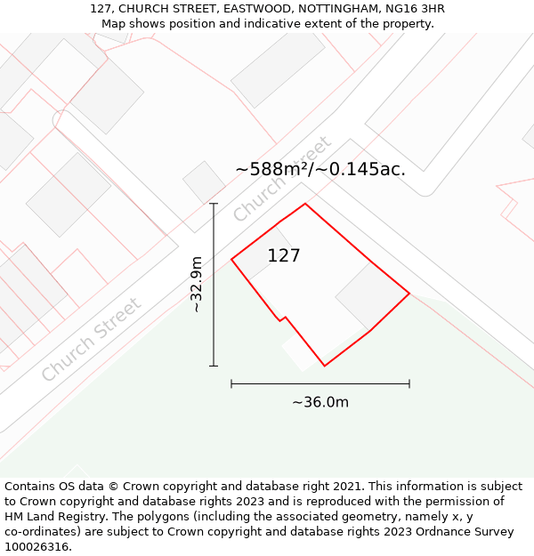 127, CHURCH STREET, EASTWOOD, NOTTINGHAM, NG16 3HR: Plot and title map