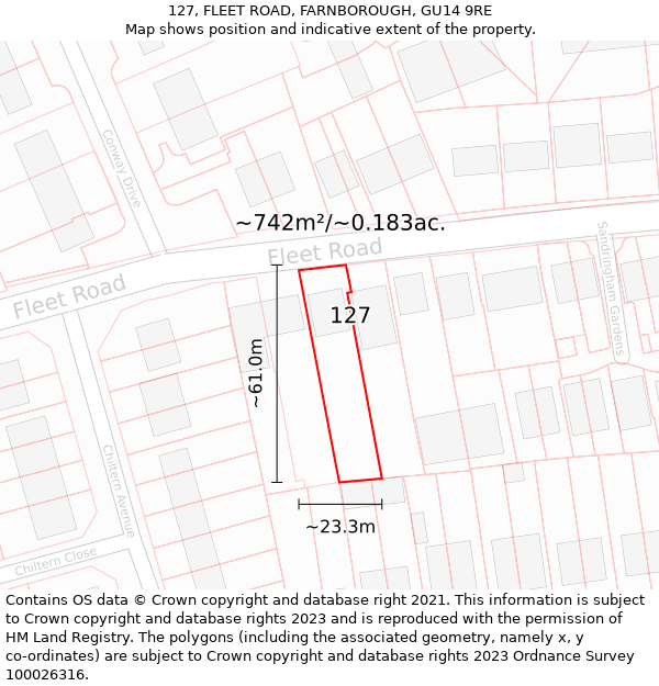 127, FLEET ROAD, FARNBOROUGH, GU14 9RE: Plot and title map