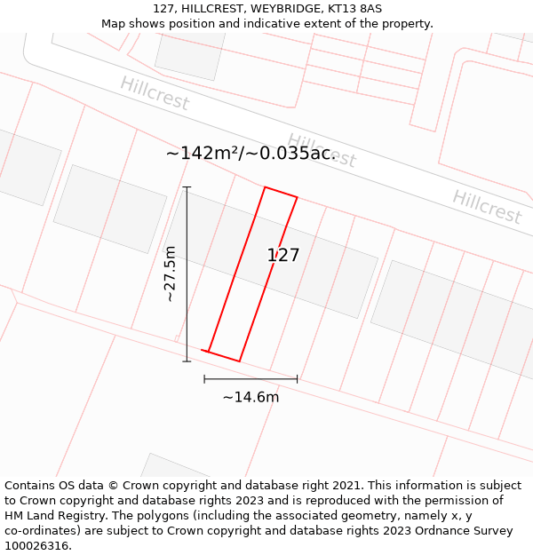 127, HILLCREST, WEYBRIDGE, KT13 8AS: Plot and title map