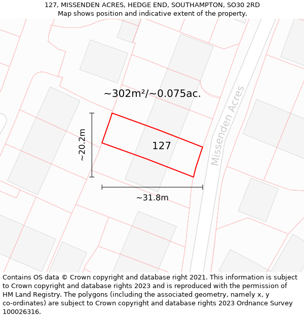 127, MISSENDEN ACRES, HEDGE END, SOUTHAMPTON, SO30 2RD: Plot and title map