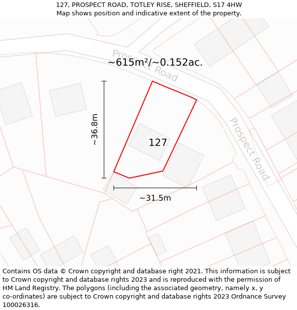 127, PROSPECT ROAD, TOTLEY RISE, SHEFFIELD, S17 4HW: Plot and title map