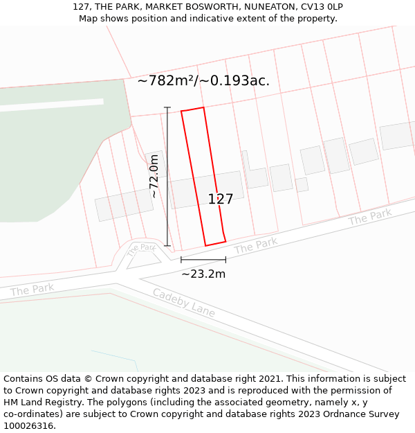 127, THE PARK, MARKET BOSWORTH, NUNEATON, CV13 0LP: Plot and title map