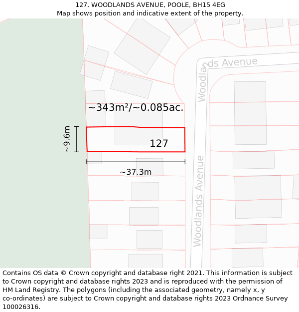 127, WOODLANDS AVENUE, POOLE, BH15 4EG: Plot and title map