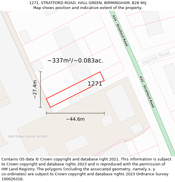 1271, STRATFORD ROAD, HALL GREEN, BIRMINGHAM, B28 9AJ: Plot and title map