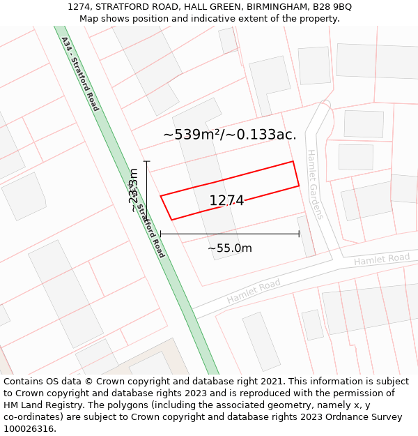 1274, STRATFORD ROAD, HALL GREEN, BIRMINGHAM, B28 9BQ: Plot and title map