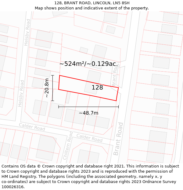 128, BRANT ROAD, LINCOLN, LN5 8SH: Plot and title map