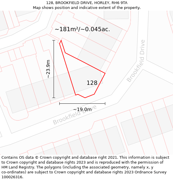 128, BROOKFIELD DRIVE, HORLEY, RH6 9TA: Plot and title map