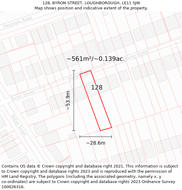 128, BYRON STREET, LOUGHBOROUGH, LE11 5JW: Plot and title map