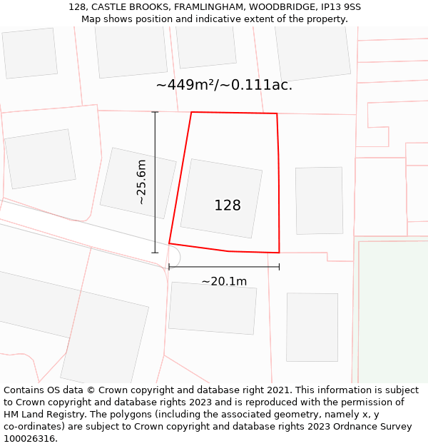 128, CASTLE BROOKS, FRAMLINGHAM, WOODBRIDGE, IP13 9SS: Plot and title map
