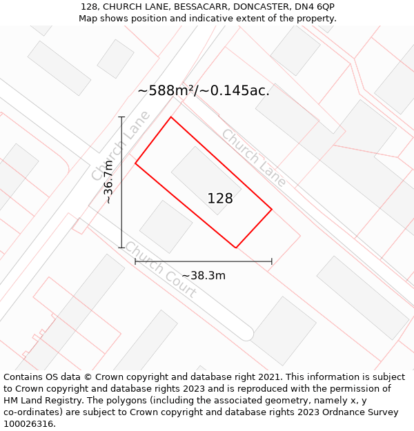 128, CHURCH LANE, BESSACARR, DONCASTER, DN4 6QP: Plot and title map