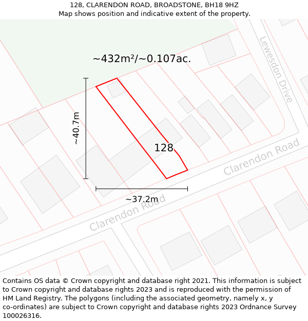 128, CLARENDON ROAD, BROADSTONE, BH18 9HZ: Plot and title map