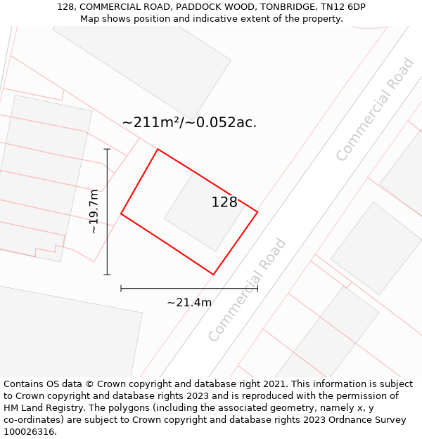 128, COMMERCIAL ROAD, PADDOCK WOOD, TONBRIDGE, TN12 6DP: Plot and title map