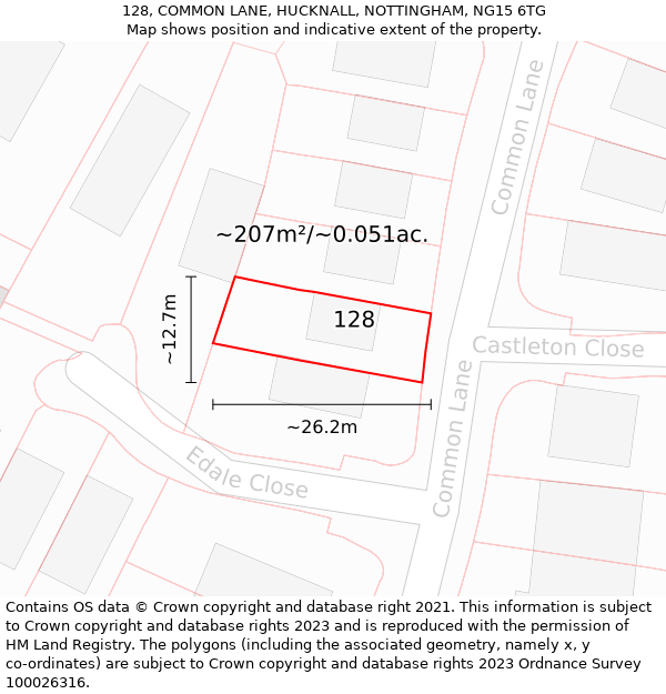 128, COMMON LANE, HUCKNALL, NOTTINGHAM, NG15 6TG: Plot and title map