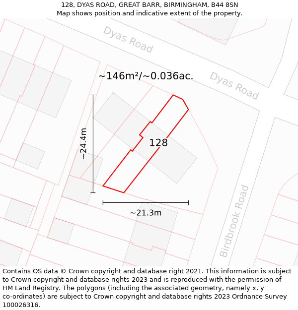 128, DYAS ROAD, GREAT BARR, BIRMINGHAM, B44 8SN: Plot and title map