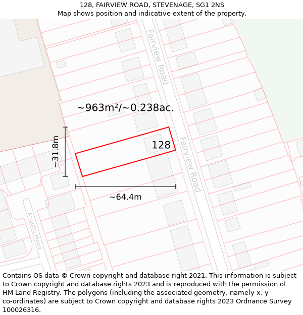 128, FAIRVIEW ROAD, STEVENAGE, SG1 2NS: Plot and title map
