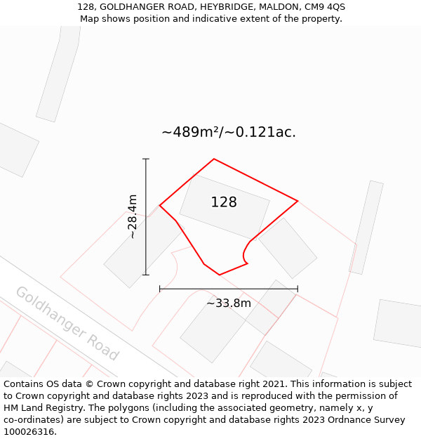 128, GOLDHANGER ROAD, HEYBRIDGE, MALDON, CM9 4QS: Plot and title map