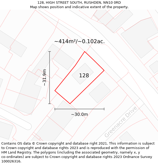 128, HIGH STREET SOUTH, RUSHDEN, NN10 0RD: Plot and title map