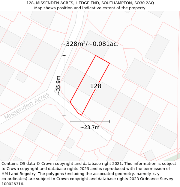 128, MISSENDEN ACRES, HEDGE END, SOUTHAMPTON, SO30 2AQ: Plot and title map