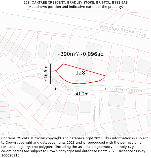 128, OAKTREE CRESCENT, BRADLEY STOKE, BRISTOL, BS32 9AB: Plot and title map