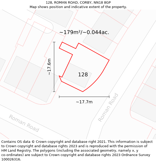 128, ROMAN ROAD, CORBY, NN18 8GP: Plot and title map