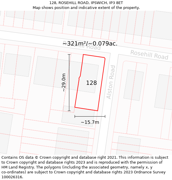 128, ROSEHILL ROAD, IPSWICH, IP3 8ET: Plot and title map