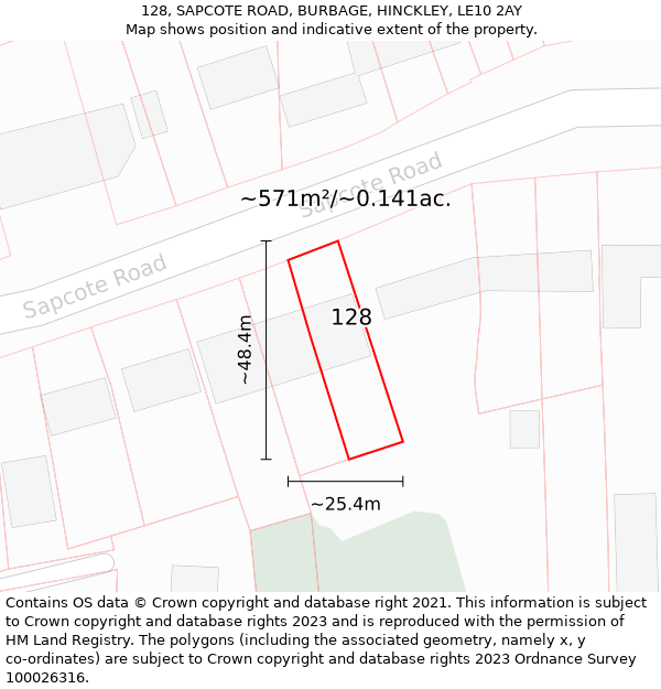 128, SAPCOTE ROAD, BURBAGE, HINCKLEY, LE10 2AY: Plot and title map