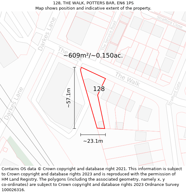 128, THE WALK, POTTERS BAR, EN6 1PS: Plot and title map