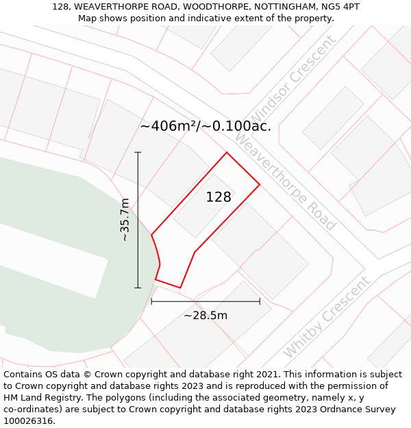 128, WEAVERTHORPE ROAD, WOODTHORPE, NOTTINGHAM, NG5 4PT: Plot and title map