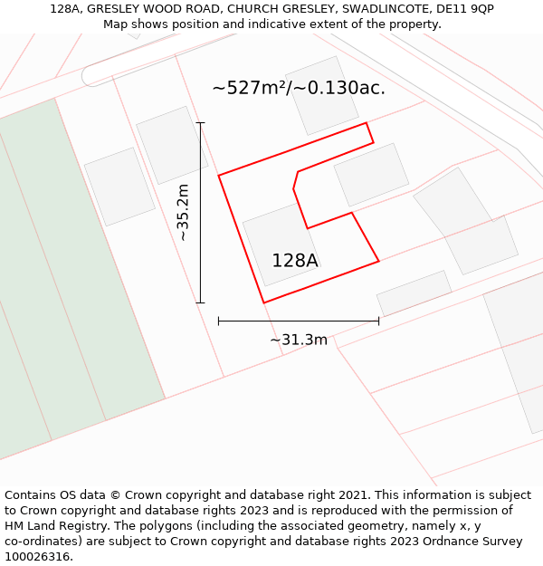 128A, GRESLEY WOOD ROAD, CHURCH GRESLEY, SWADLINCOTE, DE11 9QP: Plot and title map