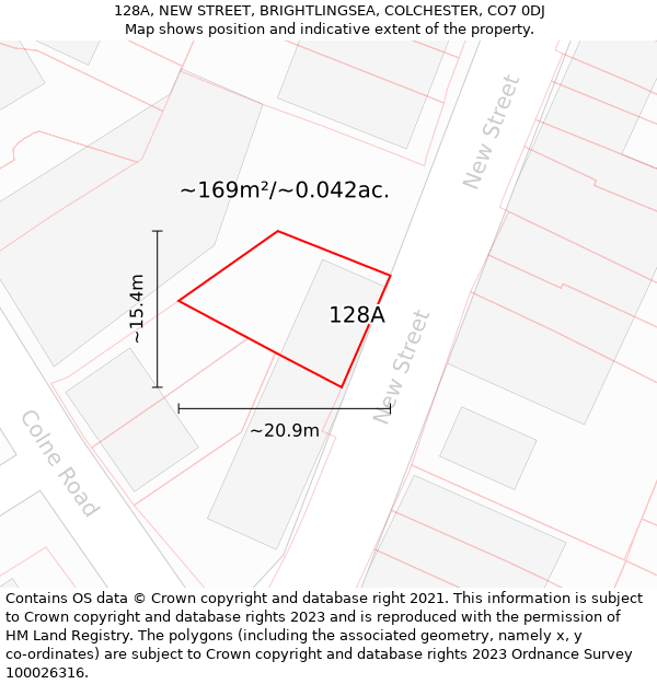 128A, NEW STREET, BRIGHTLINGSEA, COLCHESTER, CO7 0DJ: Plot and title map