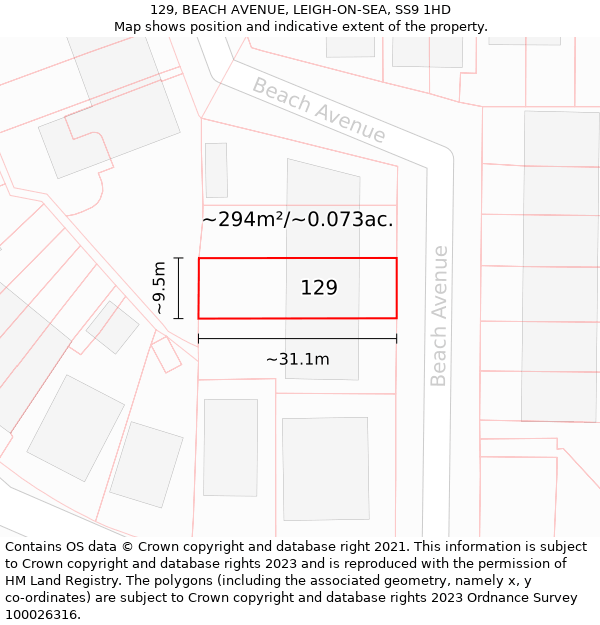 129, BEACH AVENUE, LEIGH-ON-SEA, SS9 1HD: Plot and title map