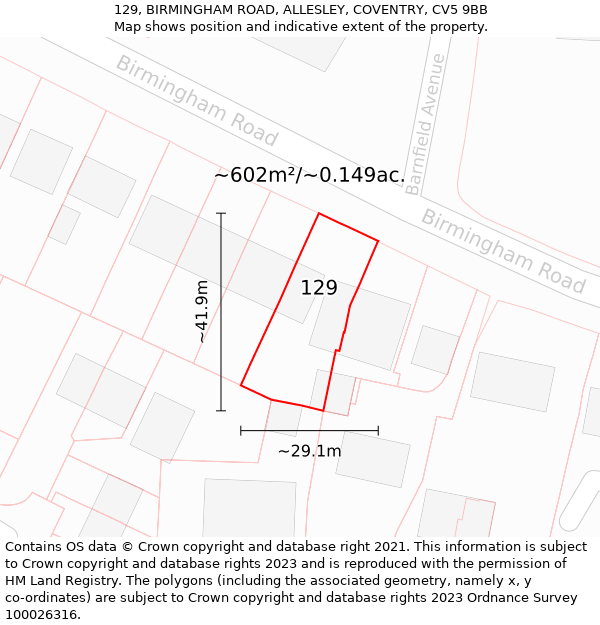 129, BIRMINGHAM ROAD, ALLESLEY, COVENTRY, CV5 9BB: Plot and title map