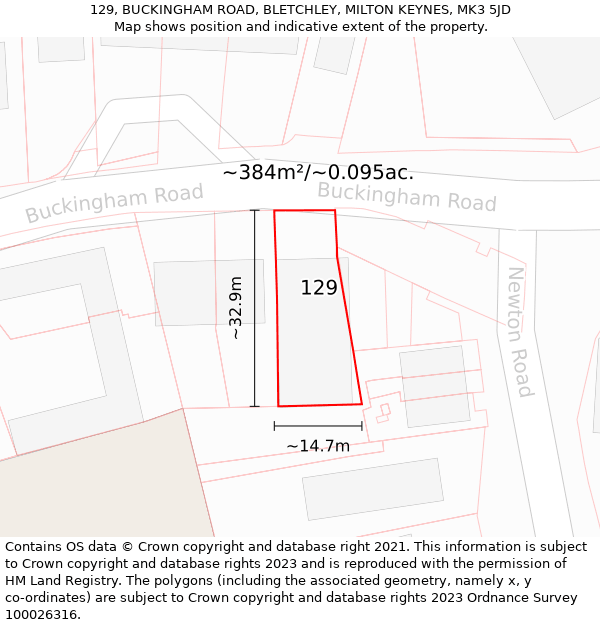 129, BUCKINGHAM ROAD, BLETCHLEY, MILTON KEYNES, MK3 5JD: Plot and title map