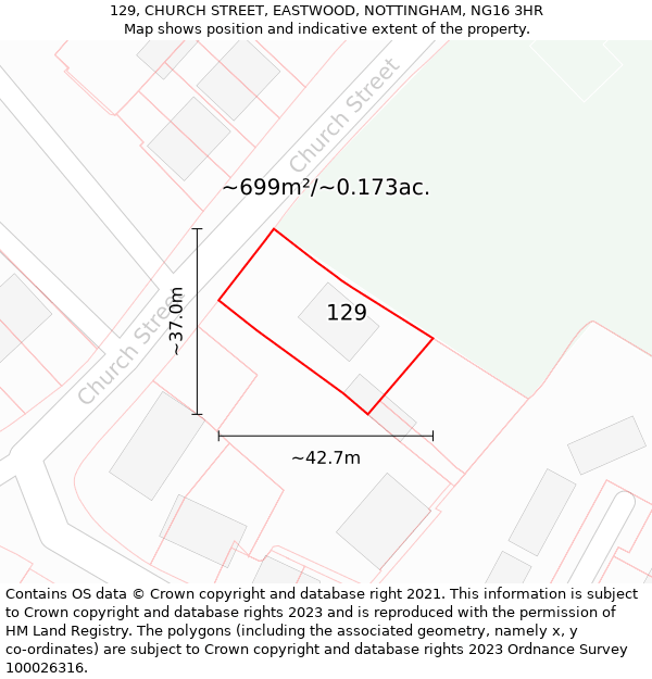 129, CHURCH STREET, EASTWOOD, NOTTINGHAM, NG16 3HR: Plot and title map
