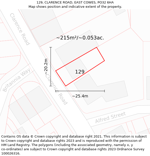 129, CLARENCE ROAD, EAST COWES, PO32 6HA: Plot and title map