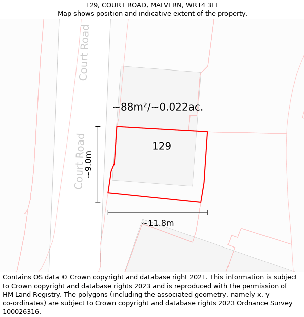 129, COURT ROAD, MALVERN, WR14 3EF: Plot and title map