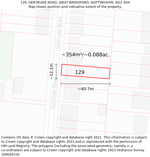 129, GERTRUDE ROAD, WEST BRIDGFORD, NOTTINGHAM, NG2 5DA: Plot and title map