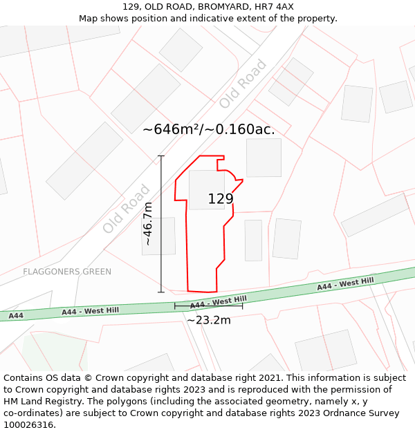 129, OLD ROAD, BROMYARD, HR7 4AX: Plot and title map