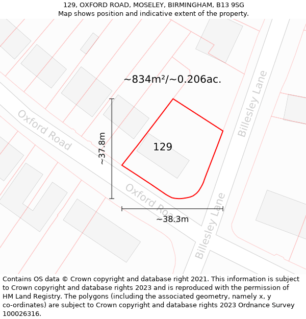 129, OXFORD ROAD, MOSELEY, BIRMINGHAM, B13 9SG: Plot and title map