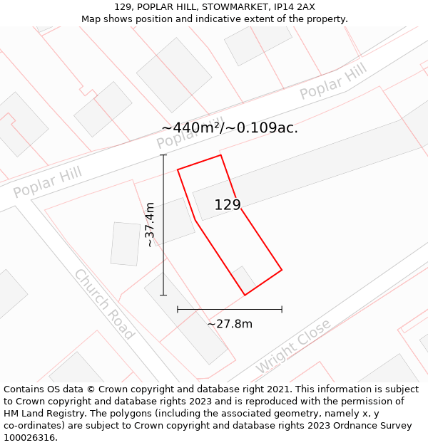 129, POPLAR HILL, STOWMARKET, IP14 2AX: Plot and title map