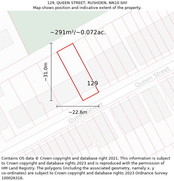 129, QUEEN STREET, RUSHDEN, NN10 0AY: Plot and title map