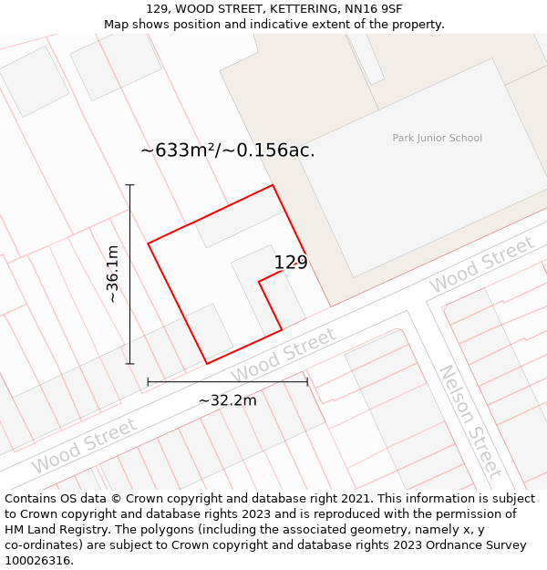 129, WOOD STREET, KETTERING, NN16 9SF: Plot and title map