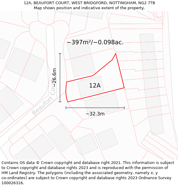 12A, BEAUFORT COURT, WEST BRIDGFORD, NOTTINGHAM, NG2 7TB: Plot and title map